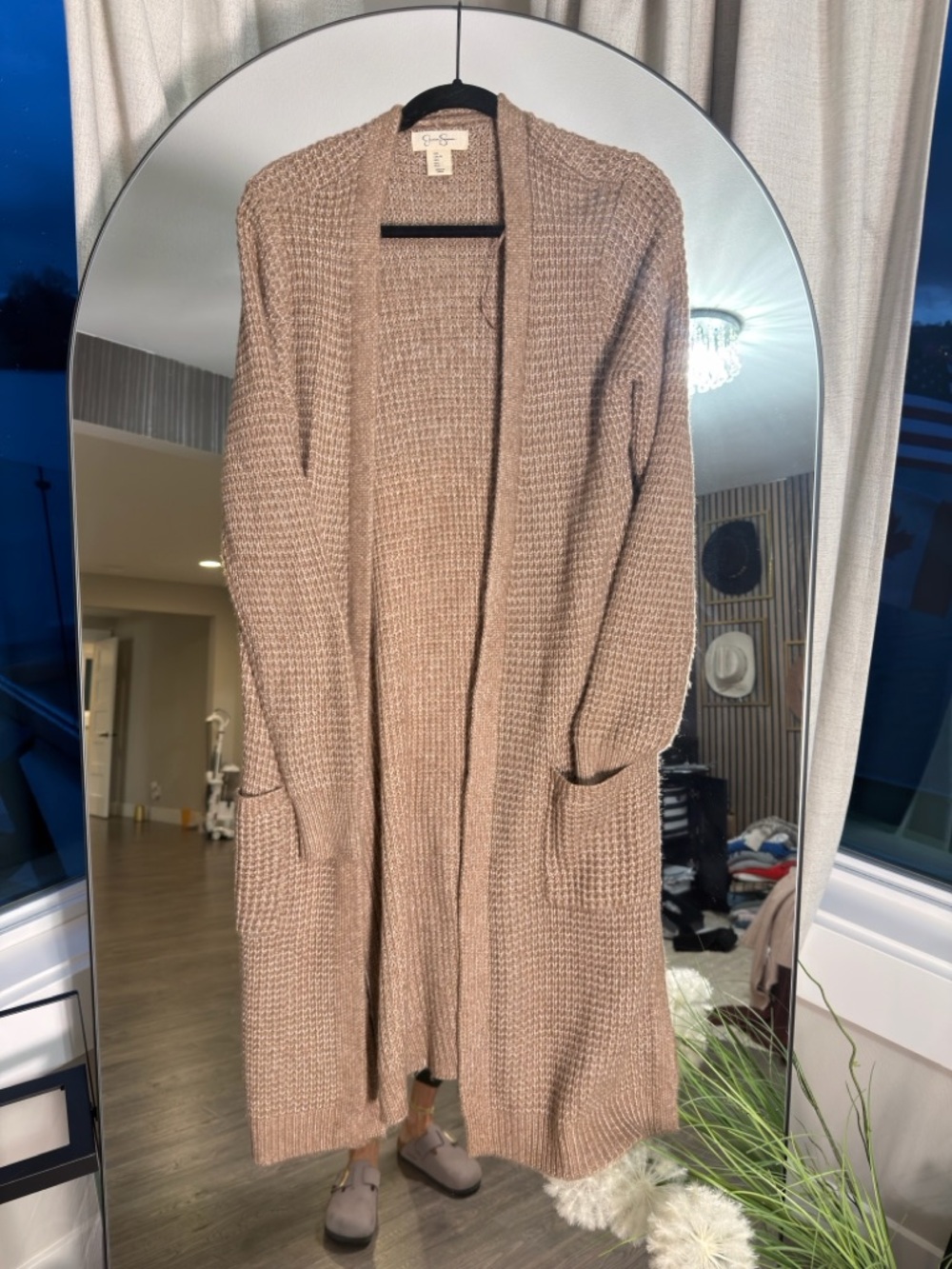 Jessica Simpson Long Open-Front Knit Cardigan in Taupe